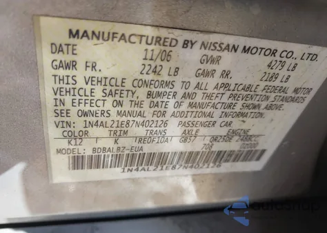 2007 Nissan Altima 2.5 S z USA, uszkodzony, nr VIN 1N4AL21E87N402126